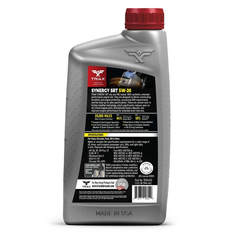 TRIAX Synergy SRT 5W-20 - Full Synthetic, Friction Modified Engine Oil - 20K Miles, API SP Licensed, 3x Wear Protection - Nano Boron and Moly Friction Modified (1 Quart) - Image 2